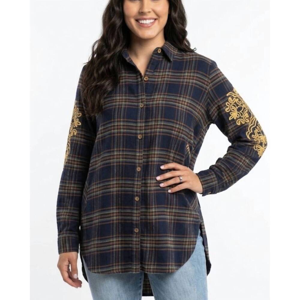 NEW LAYERZ CLOTHING diane plaid embroidered top in navy multi